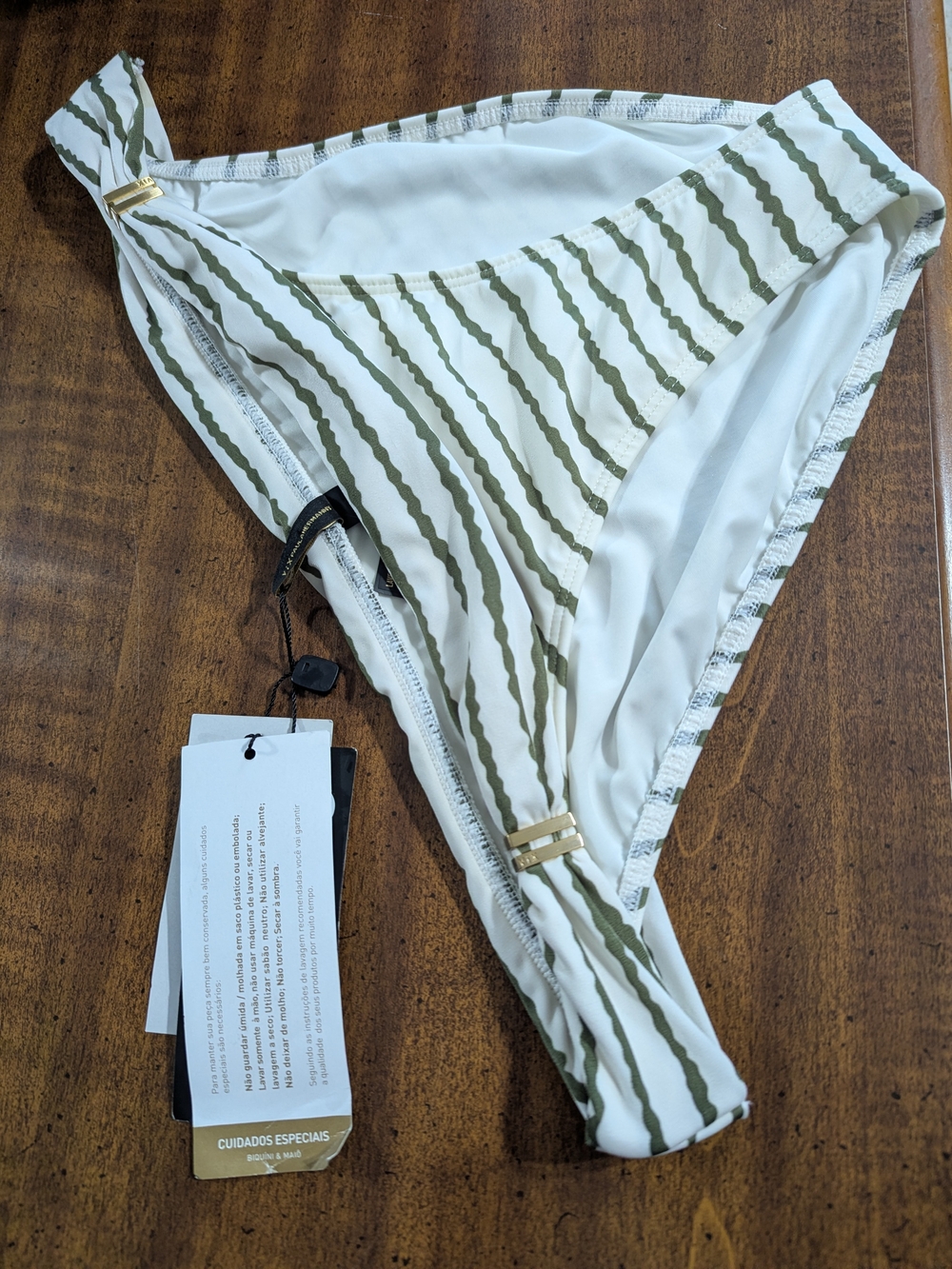 Striped Olive & White Bikini Bottom with Gold Accent